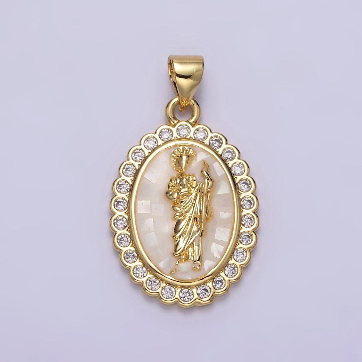 14K Gold Filled White, Blue, Pink, Green Religious Saint Jude CZ Dotted Outline Oval Pendant | N1773 - N1776 - DLUXCA