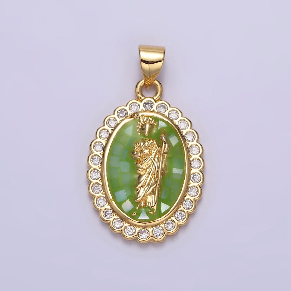 14K Gold Filled White, Blue, Pink, Green Religious Saint Jude CZ Dotted Outline Oval Pendant | N1773 - N1776 - DLUXCA