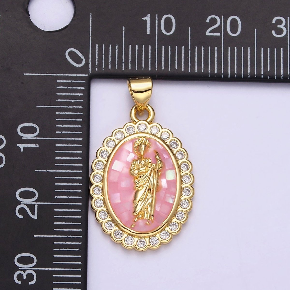 14K Gold Filled White, Blue, Pink, Green Religious Saint Jude CZ Dotted Outline Oval Pendant | N1773 - N1776 - DLUXCA