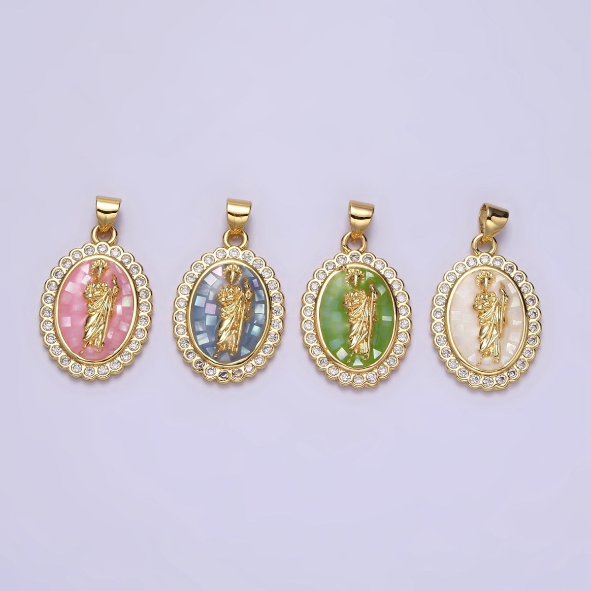 14K Gold Filled White, Blue, Pink, Green Religious Saint Jude CZ Dotted Outline Oval Pendant | N1773 - N1776 - DLUXCA