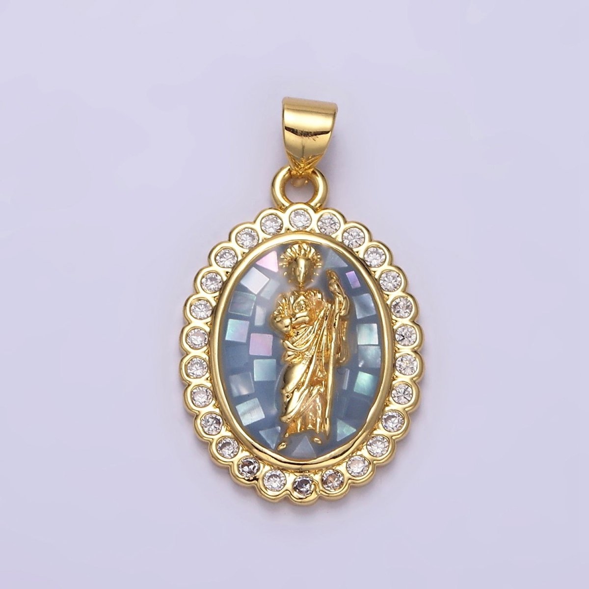 14K Gold Filled White, Blue, Pink, Green Religious Saint Jude CZ Dotted Outline Oval Pendant | N1773 - N1776 - DLUXCA