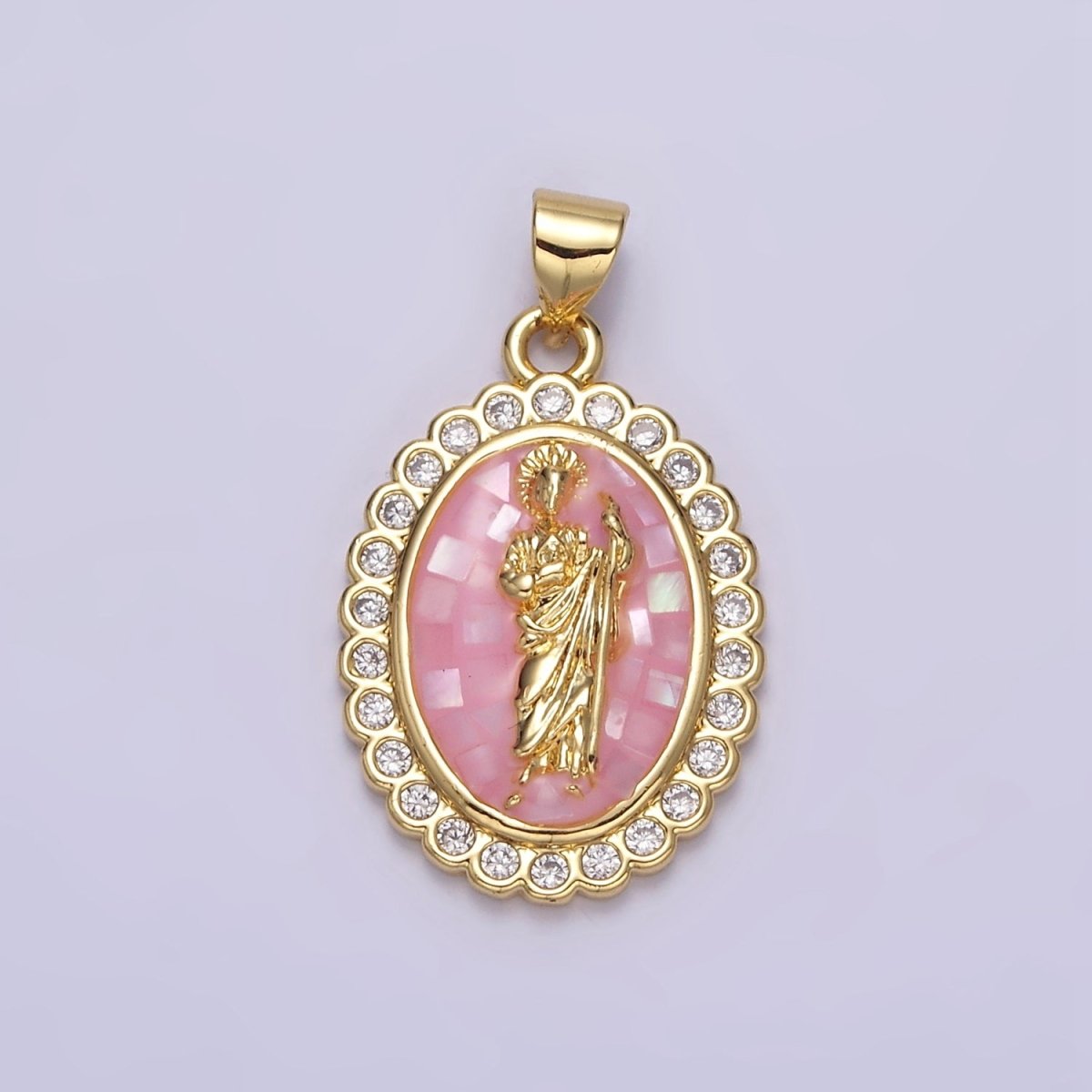 14K Gold Filled White, Blue, Pink, Green Religious Saint Jude CZ Dotted Outline Oval Pendant | N1773 - N1776 - DLUXCA