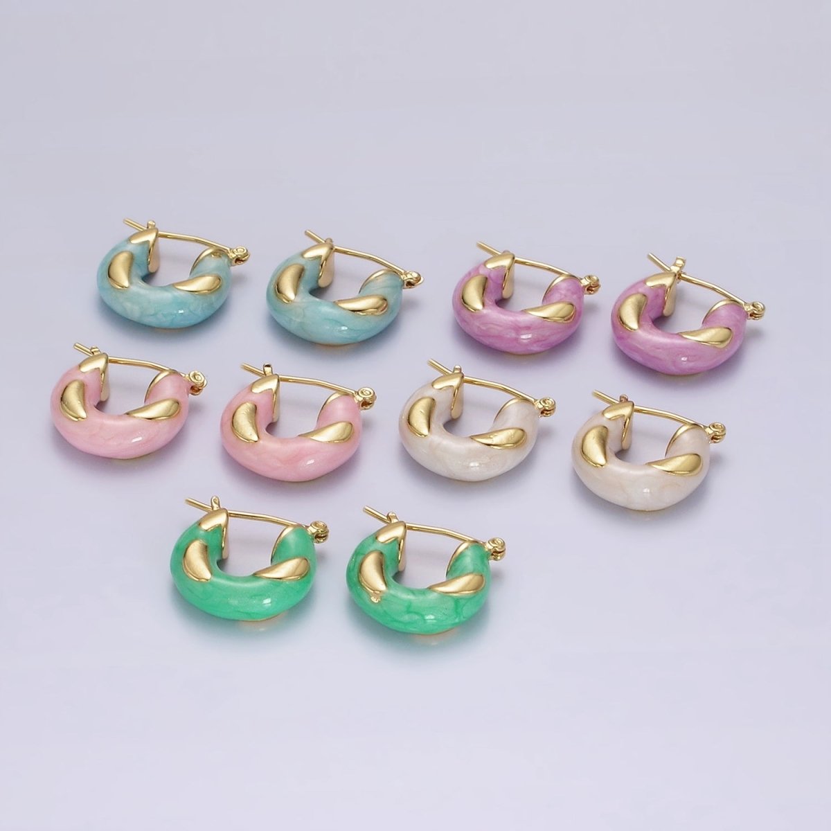 14K Gold Filled White, Blue, Purple, Pink, Green Enamel Curved Line Chubby Latch Hoop Earrings | V-234 - V-238 - DLUXCA