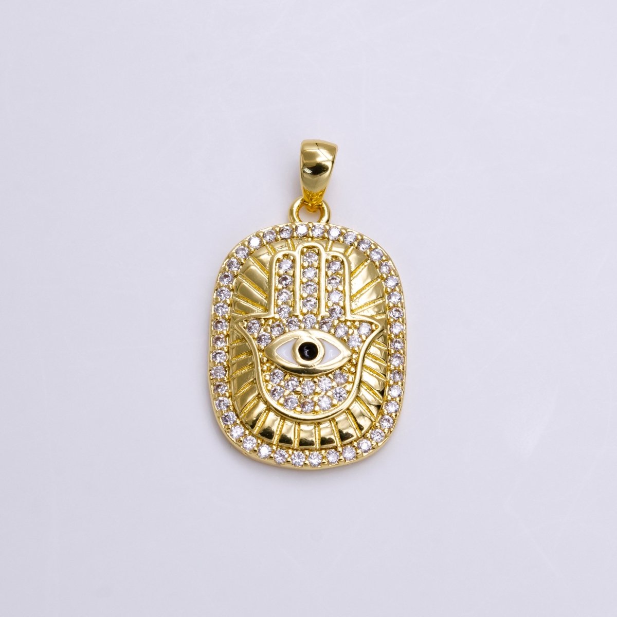 14K Gold Filled White, Blue, Red, Purple, Pink Enamel Evil Eye Micro Paved CZ Hamsa Hand Lined Pendant | AA557 - AA561 - DLUXCA