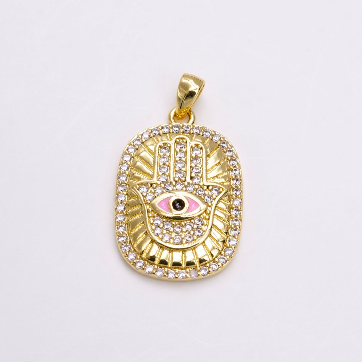 14K Gold Filled White, Blue, Red, Purple, Pink Enamel Evil Eye Micro Paved CZ Hamsa Hand Lined Pendant | AA557 - AA561 - DLUXCA
