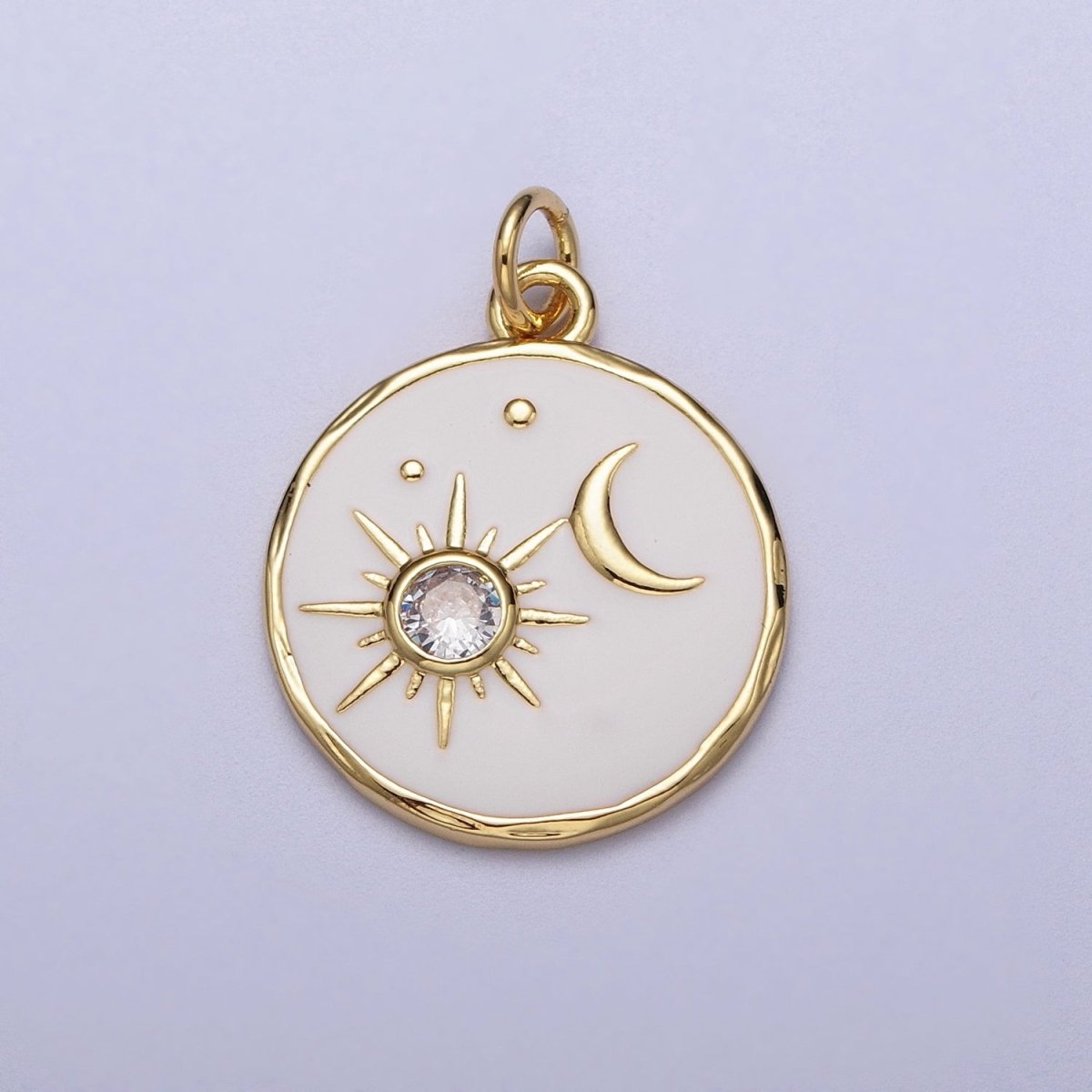 14K Gold Filled White Enamel Celestial Sun Crescent Moon Round Coin Charm E-651 - DLUXCA