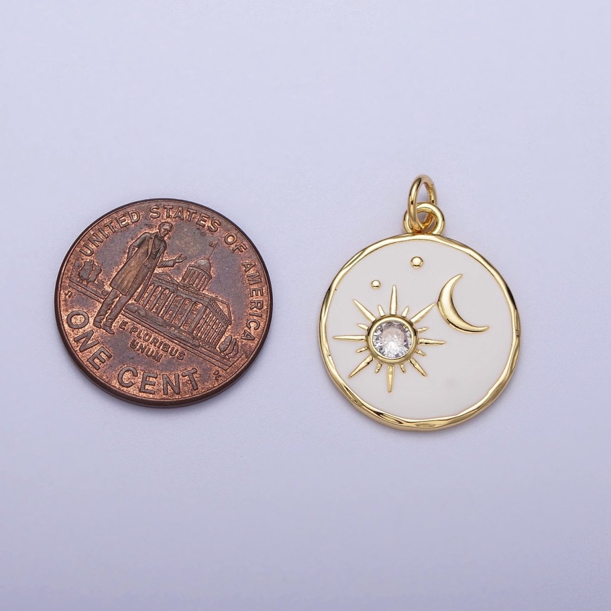 14K Gold Filled White Enamel Celestial Sun Crescent Moon Round Coin Charm E-651 - DLUXCA