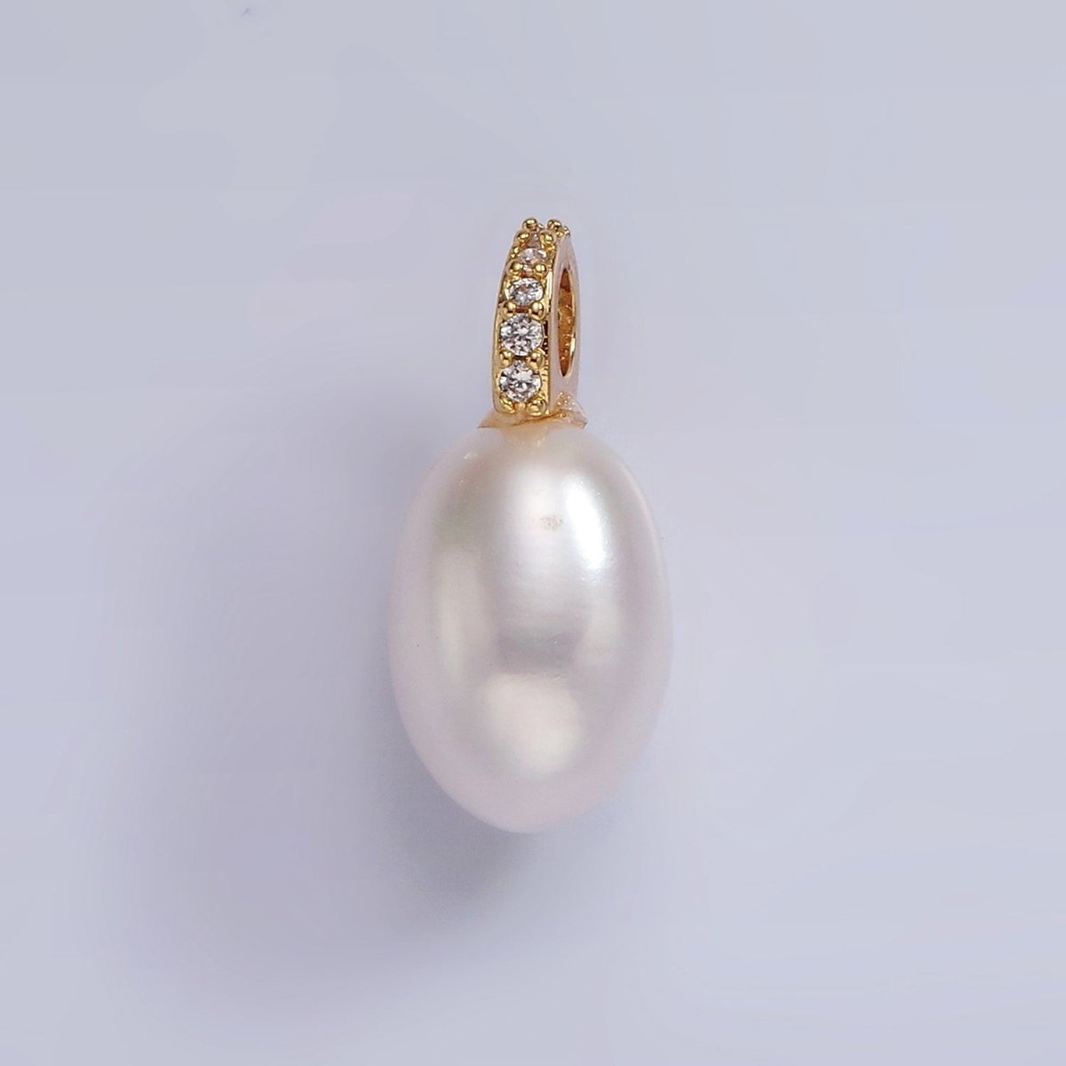 14K Gold Filled White Freshwater Pearl Oval Micro Paved CZ Bail Drop Pendant | P1657 - DLUXCA