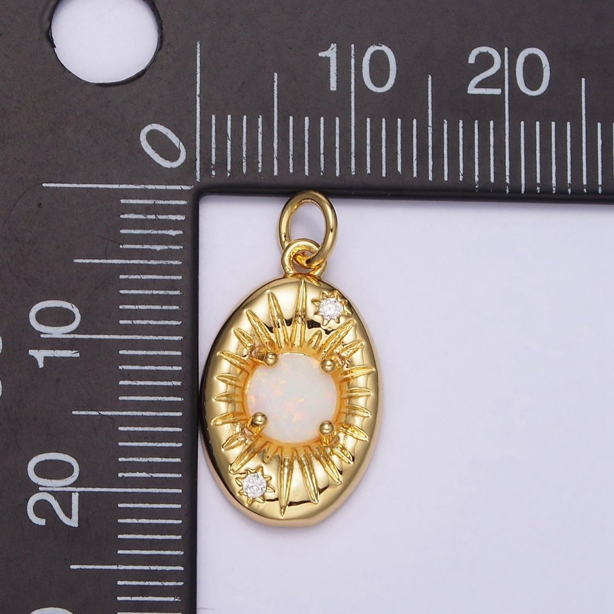 14K Gold Filled White Opal Lined Celestial Sun CZ Oval Charm | N992 - DLUXCA