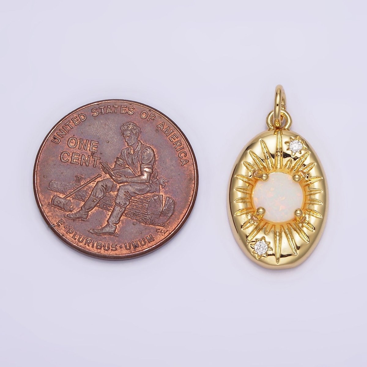 14K Gold Filled White Opal Lined Celestial Sun CZ Oval Charm | N992 - DLUXCA