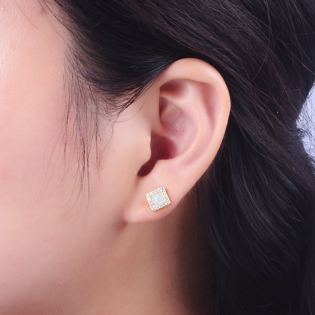 14K Gold Filled White Opal Micro Paved CZ Square Stud Earrings | Y-090 - DLUXCA