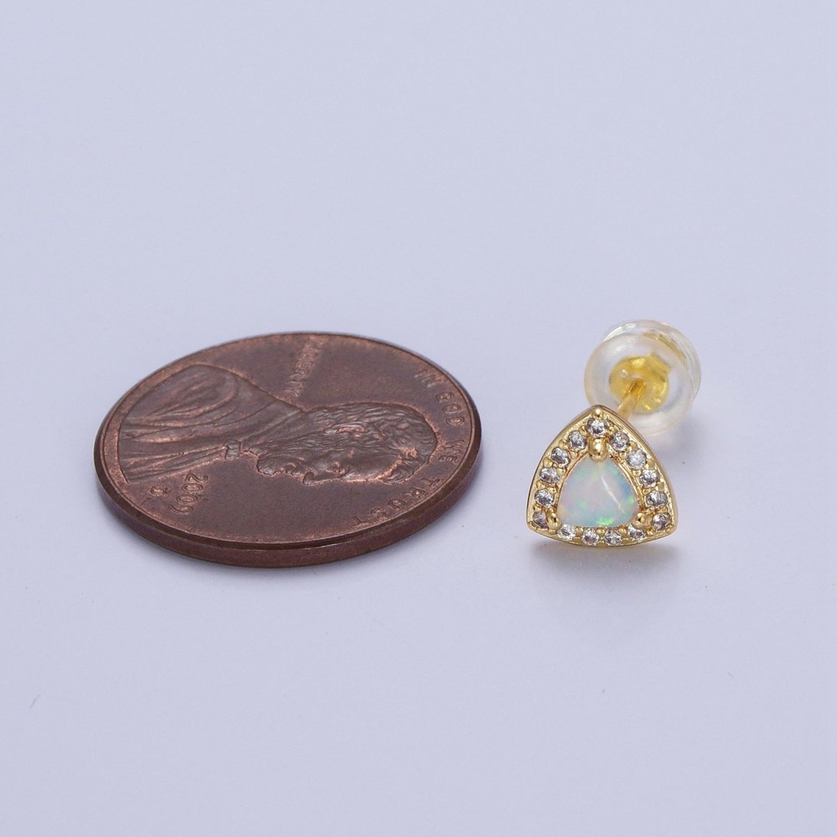 14K Gold Filled White Opal Micro Paved CZ Triangle Stud Earrings | Y-086 - DLUXCA