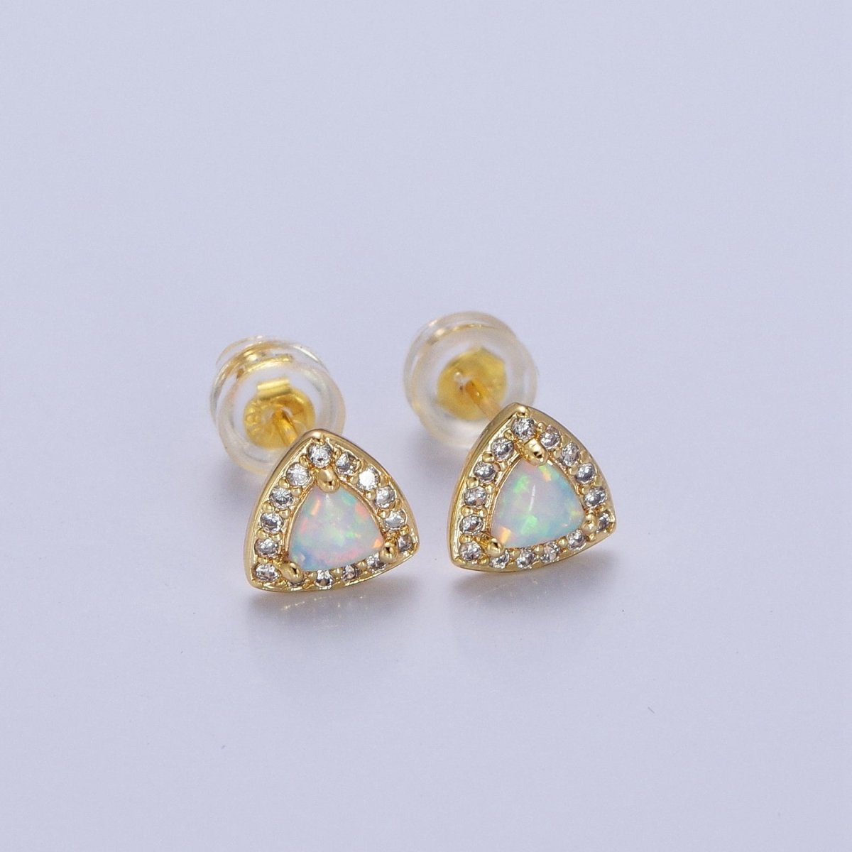 14K Gold Filled White Opal Micro Paved CZ Triangle Stud Earrings | Y-086 - DLUXCA