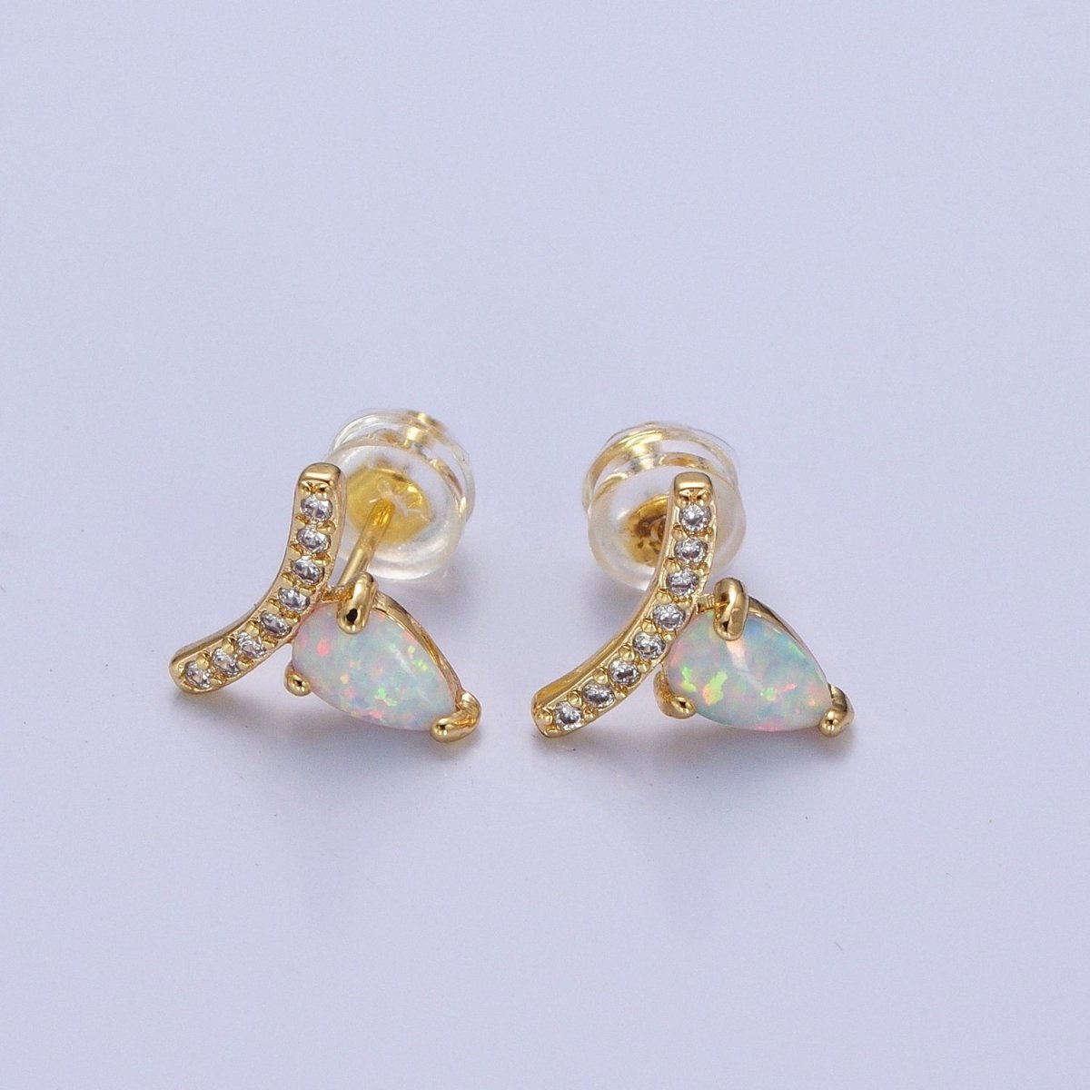 14K Gold Filled White Opal Teardrop Micro Paved CZ Mini Stud Earrings | Y-089 - DLUXCA