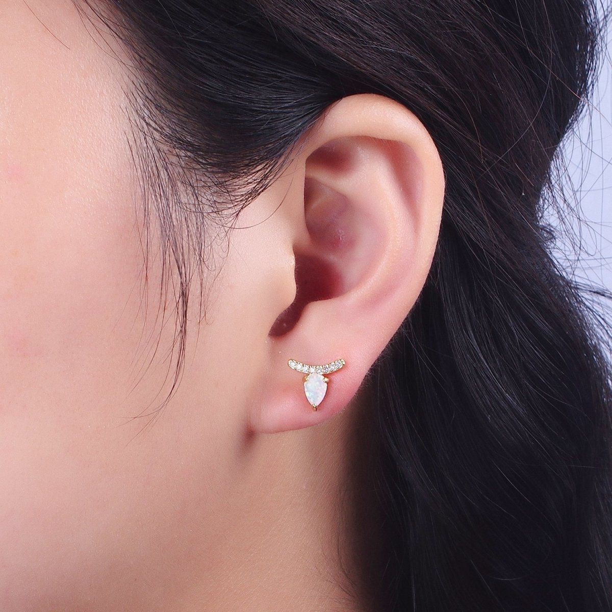 14K Gold Filled White Opal Teardrop Micro Paved CZ Mini Stud Earrings | Y-089 - DLUXCA