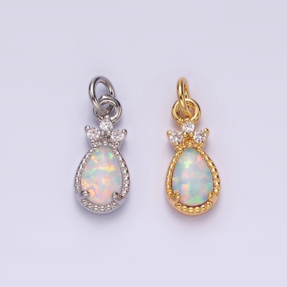 14K Gold Filled White Opal Teardrop Triple CZ Add-On Charm in Gold & Silver | AG450 AG451 - DLUXCA