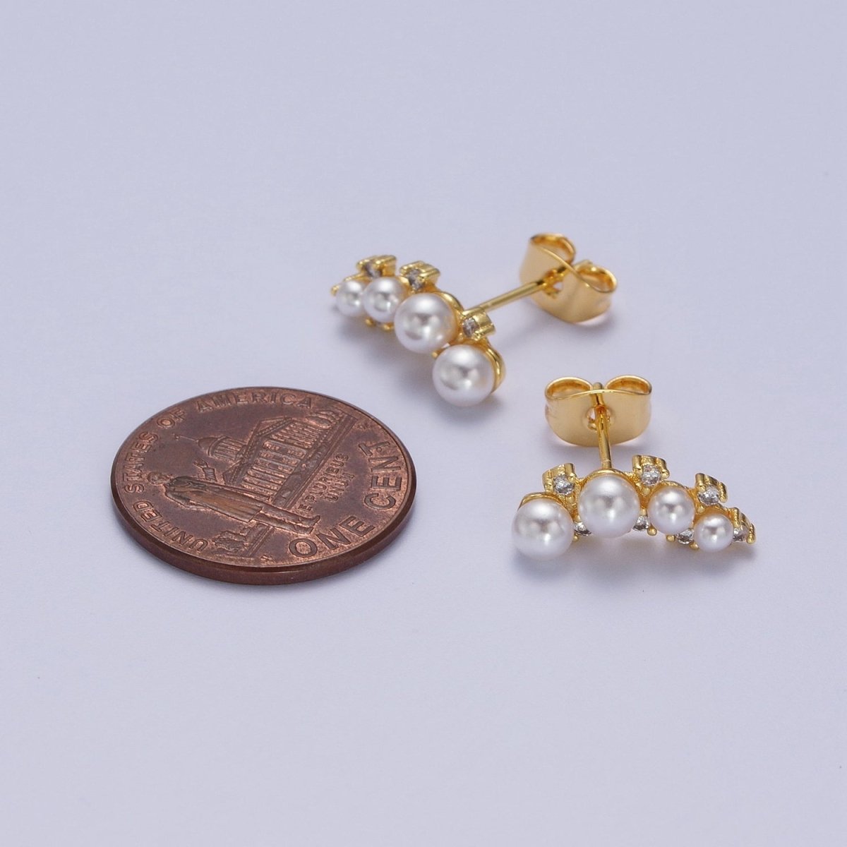14K Gold Filled White Pearl CZ Curved Lined Stud Earrings | Y116 - DLUXCA
