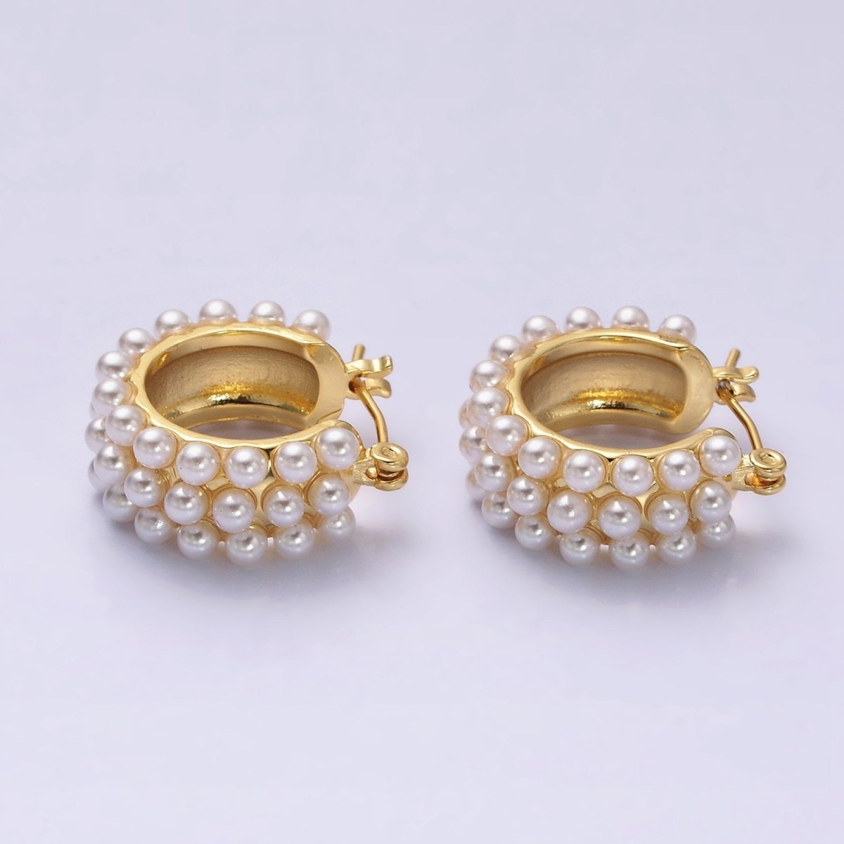 14K Gold Filled White Pearl Dotted Latch Hoop Earrings in Silver & Gold | Y844 Y925 - DLUXCA