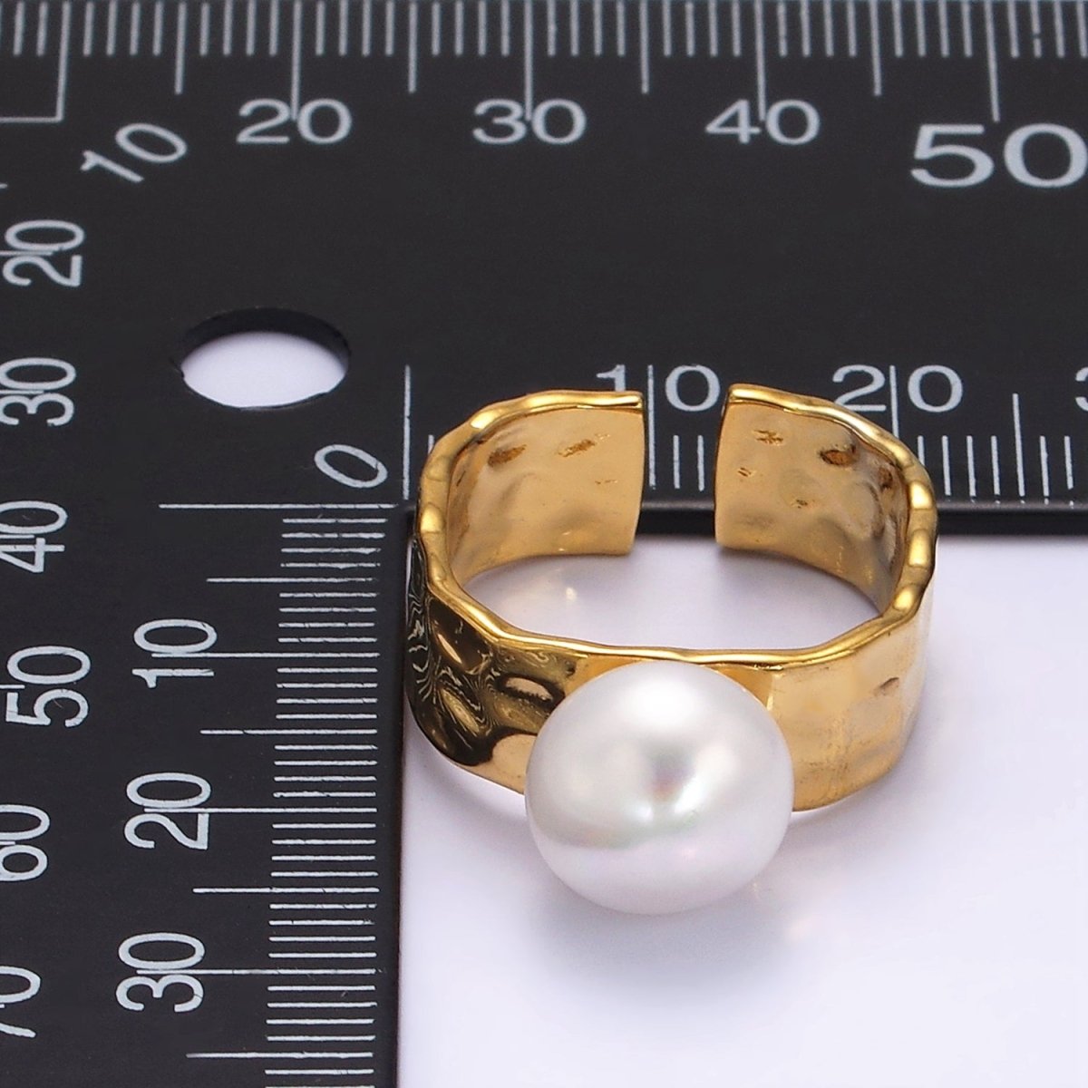 14K Gold Filled White Pearl Hammered Wide Band Ring in Gold & Silver | O1096 O1097 - DLUXCA