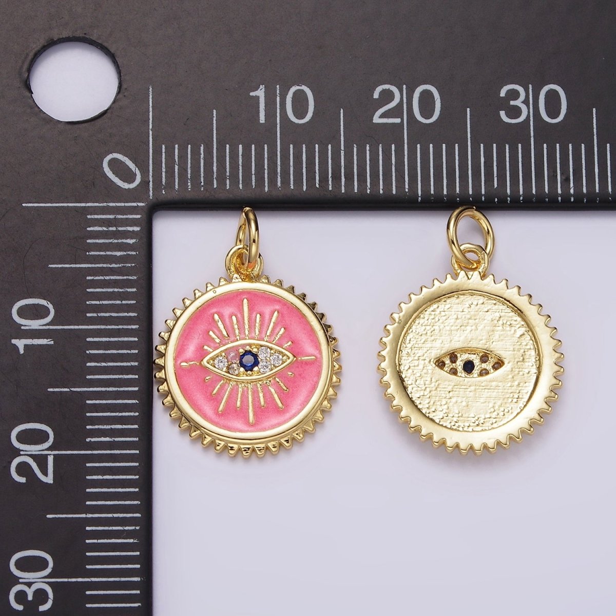 14K Gold Filled White, Pink Evil Eye Blue CZ Spiked Outline Round Charm | AG414 AG415 - DLUXCA