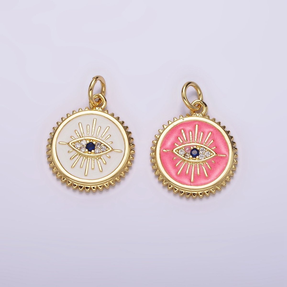 14K Gold Filled White, Pink Evil Eye Blue CZ Spiked Outline Round Charm |  AG414 AG415