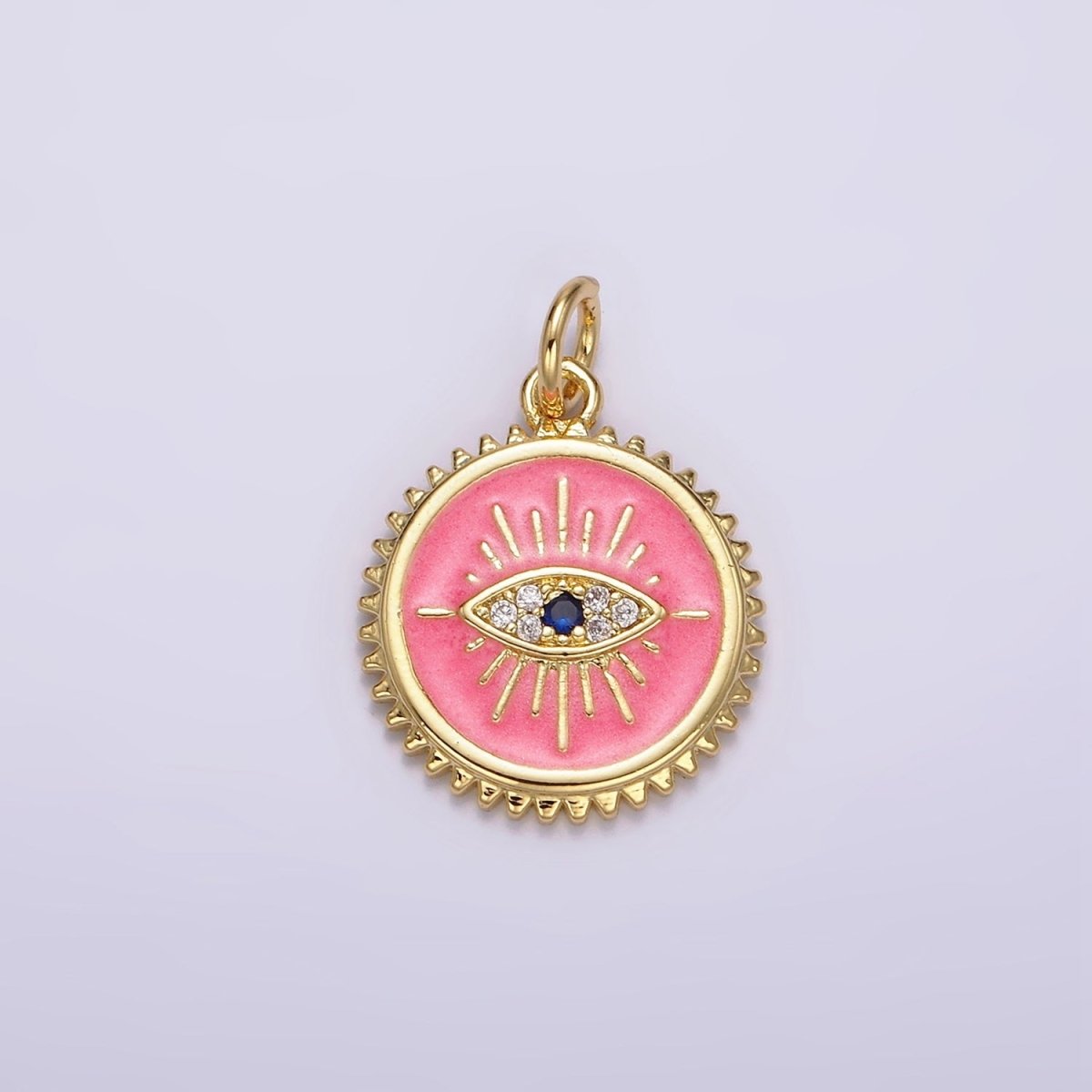 14K Gold Filled White, Pink Evil Eye Blue CZ Spiked Outline Round Charm | AG414 AG415 - DLUXCA