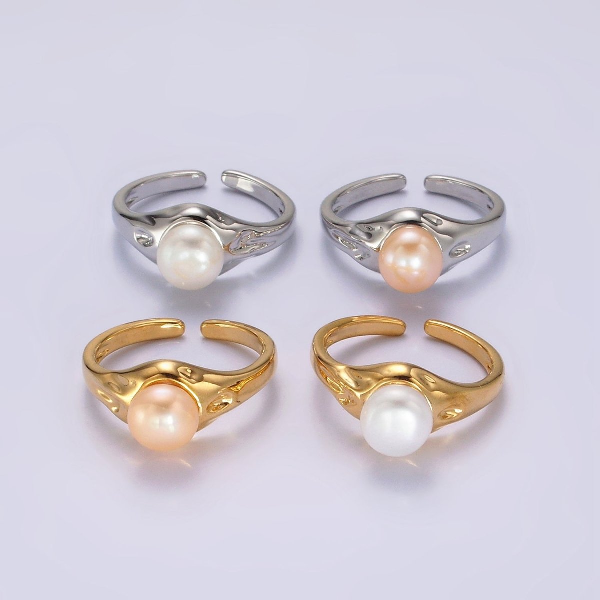 14K Gold Filled White, Pink Pearl Dented Signet Ring in Gold & Silver | O660 - O663 - DLUXCA