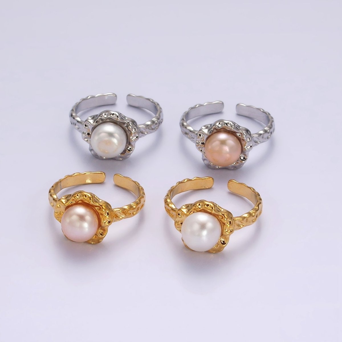 14K Gold Filled White, Pink Pearl Molten Hammered Ring in Gold 7 Silver | O1876 - O1879 - DLUXCA
