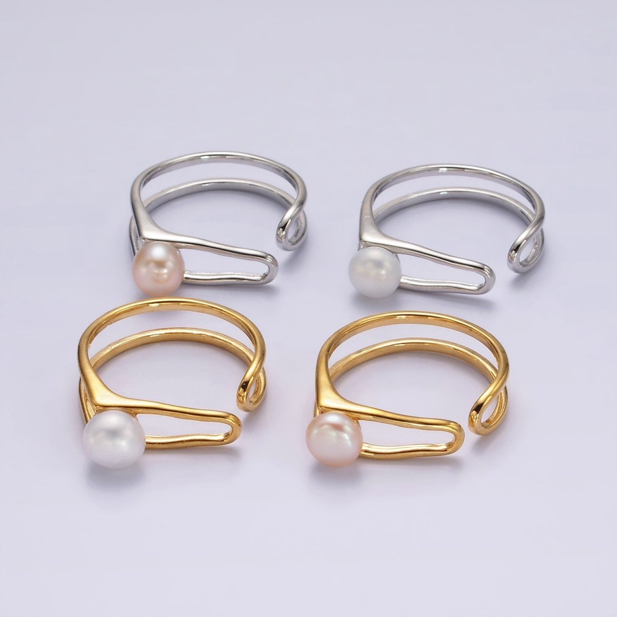 14K Gold Filled White, Pink Pearl Open Double Band Wrap Signet Ring in Gold & Silver | O656 - O659 - DLUXCA
