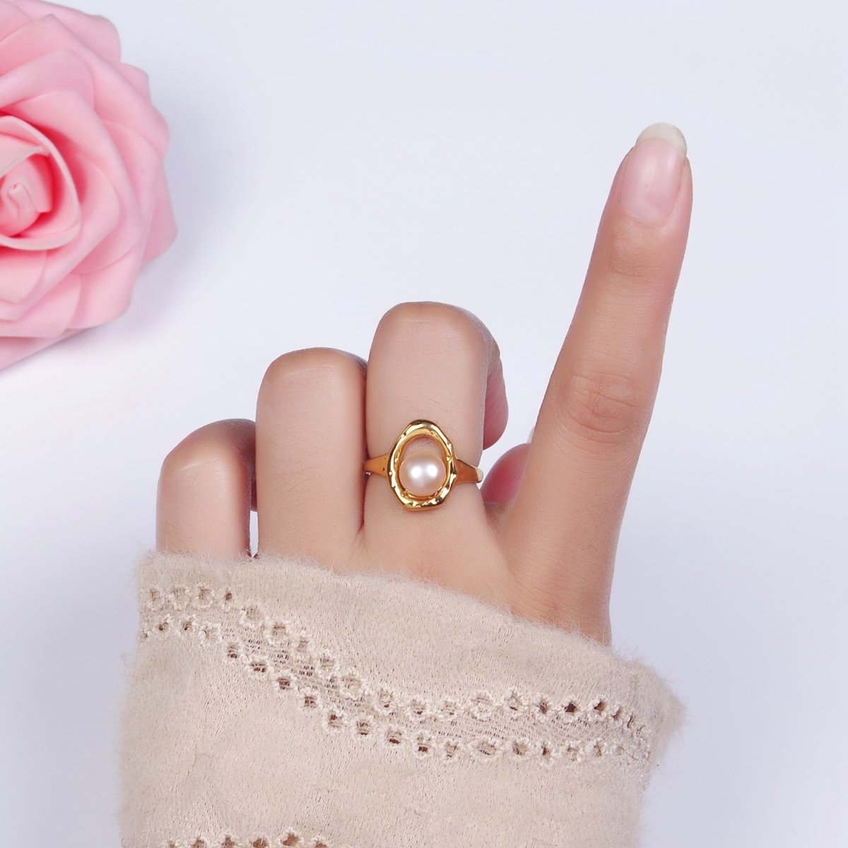 14K Gold Filled White, Pink Pearl Open Oblong Ring in Gold & Silver | O1872 - O1875 - DLUXCA