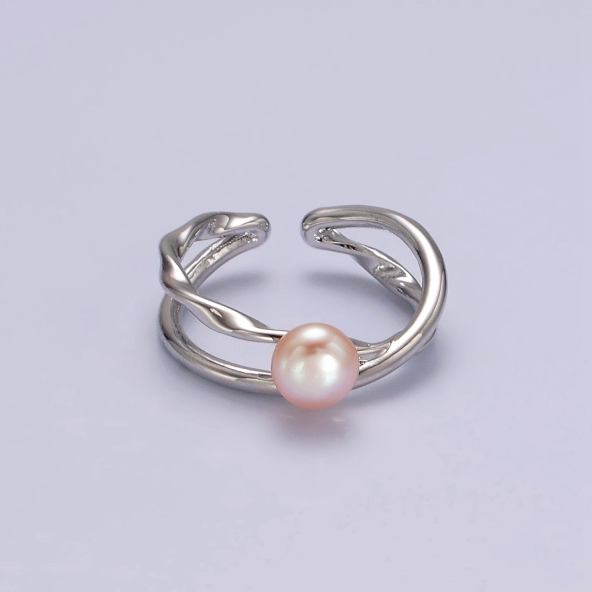 14K Gold Filled White, Pink Pearl Twisted Hammered Double Band Ring in Gold & Silver | O1175 O1176 - DLUXCA