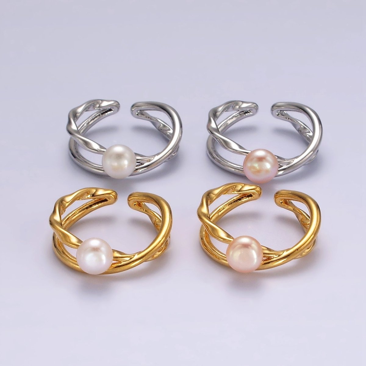 14K Gold Filled White, Pink Pearl Twisted Hammered Double Band Ring in Gold & Silver | O1175 O1176 - DLUXCA