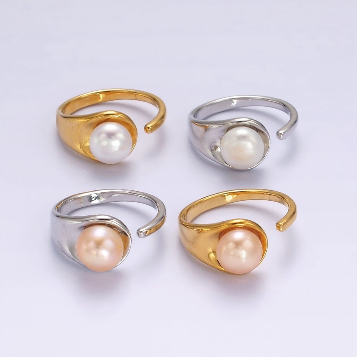 14K Gold Filled White, Pink Pearl Wide Open Claw Band Ring in Gold & Silver | O1864 - O1867 - DLUXCA