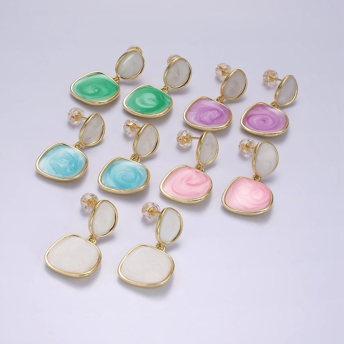 14K Gold Filled White, Pink, Purple, Blue, Green Enamel Rounded Square Drop Stud Earrings | V-246 - V-250 - DLUXCA