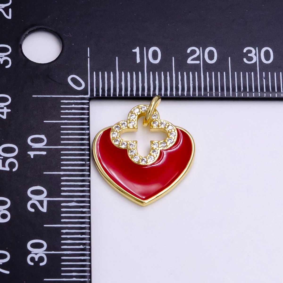 14K Gold Filled White, Red Heart Open Clear Micro Paved CZ Quatrefoil Charm | AC935 AC936 - DLUXCA