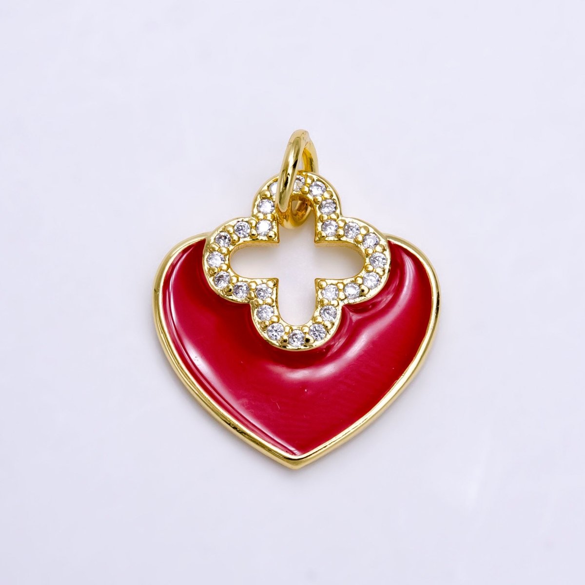 14K Gold Filled White, Red Heart Open Clear Micro Paved CZ Quatrefoil Charm | AC935 AC936 - DLUXCA