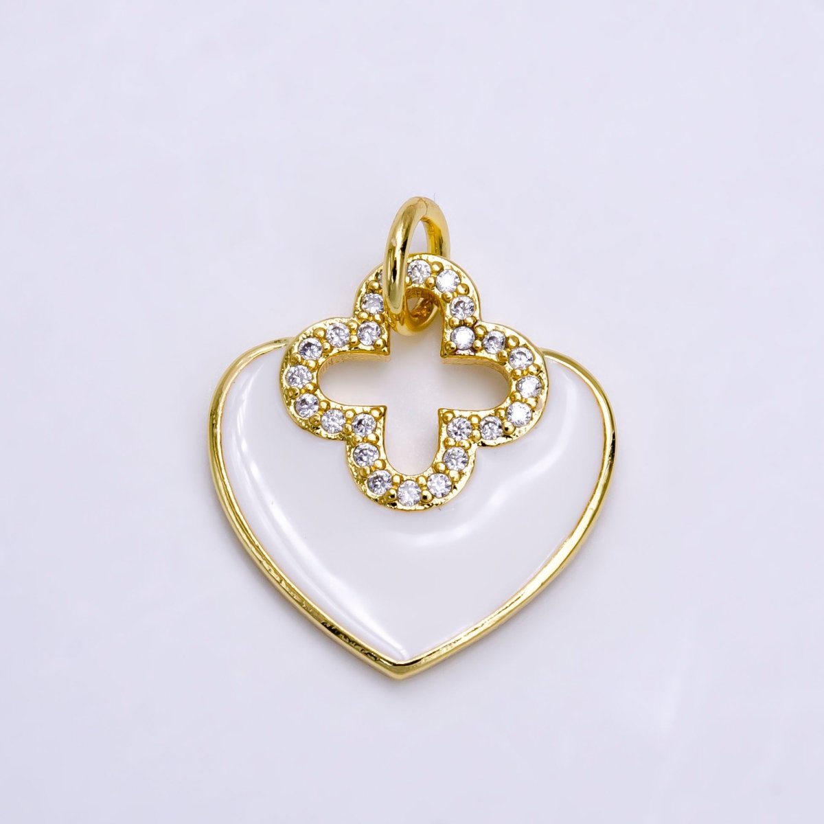 14K Gold Filled White, Red Heart Open Clear Micro Paved CZ Quatrefoil Charm | AC935 AC936 - DLUXCA