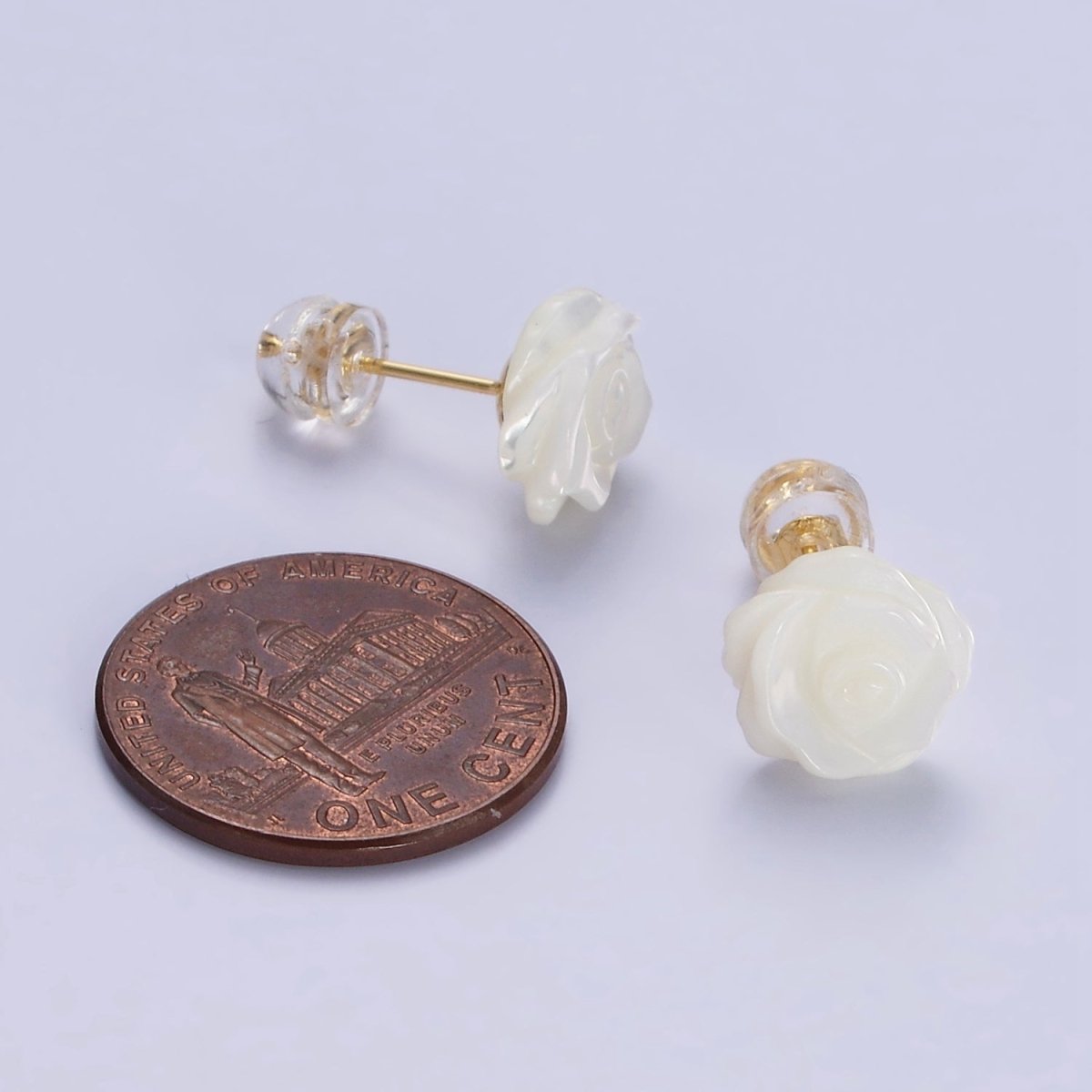 14K Gold Filled White Rose Flower Bud Shell Pearl Stud Earrings | AB1133 - DLUXCA