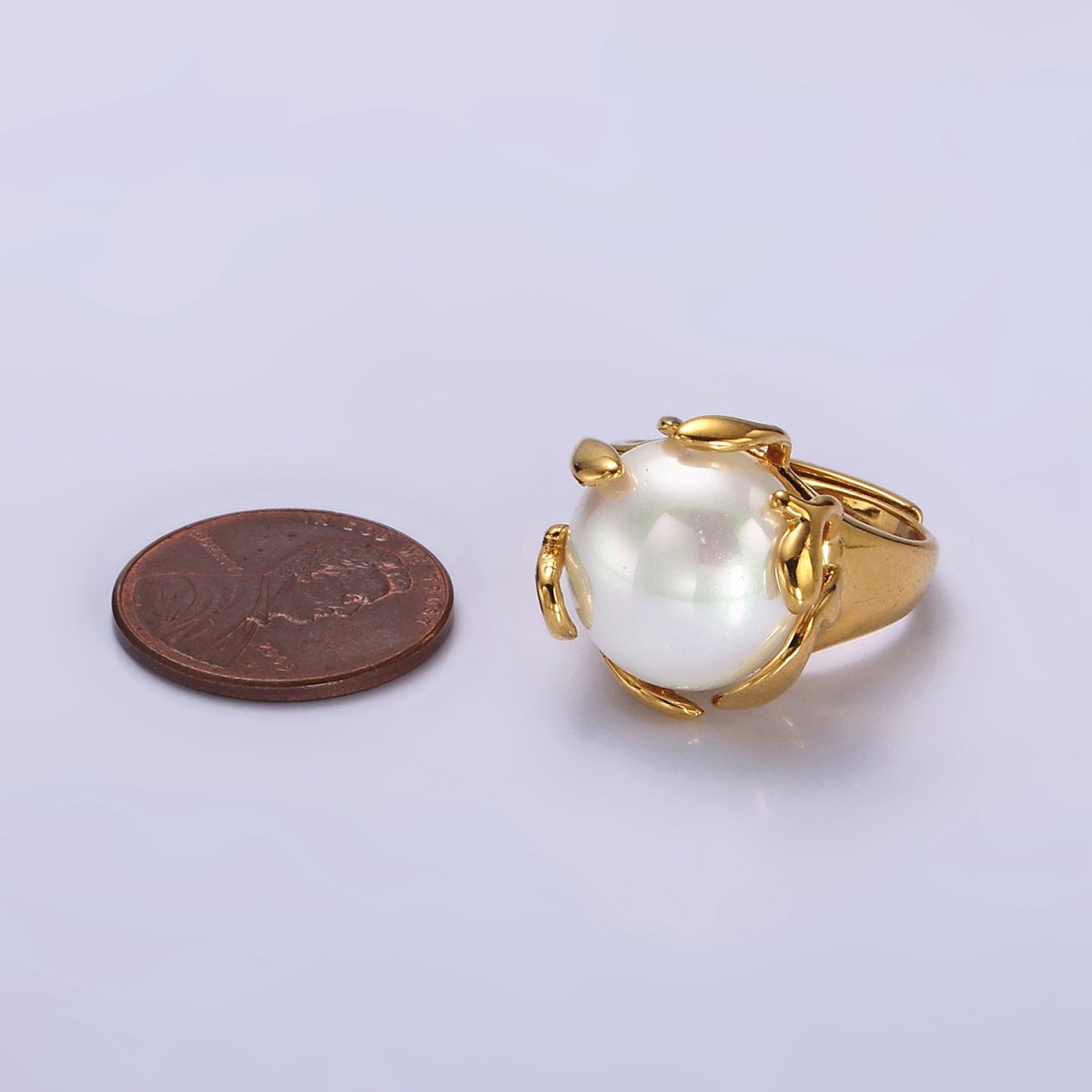 14K Gold Filled White Round Shell Pearl Molten Adjustable Signet Ring | O606 - DLUXCA