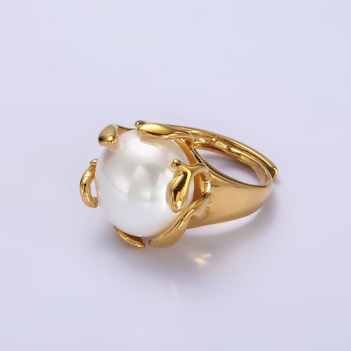 14K Gold Filled White Round Shell Pearl Molten Adjustable Signet Ring | O606 - DLUXCA