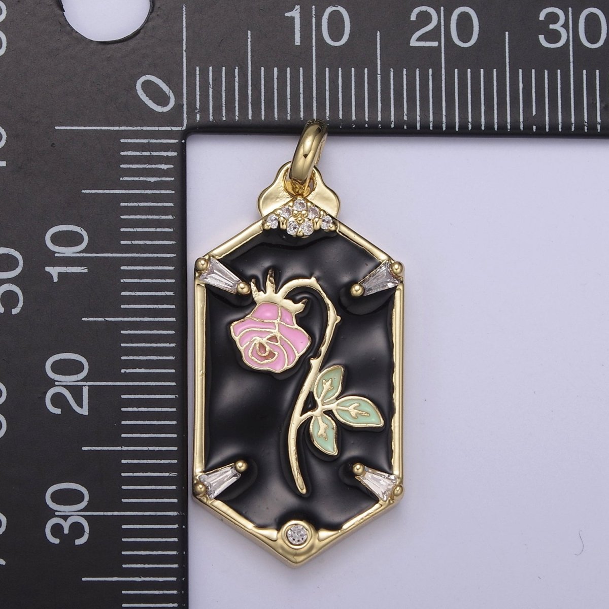 14k Gold Filled Wilted Pink Rose Charm White black Enamel Flower necklace Pendant Belle Beauty and the Beast Floral Bracelet Hexagon Tag Charm N-760 N-762 - DLUXCA
