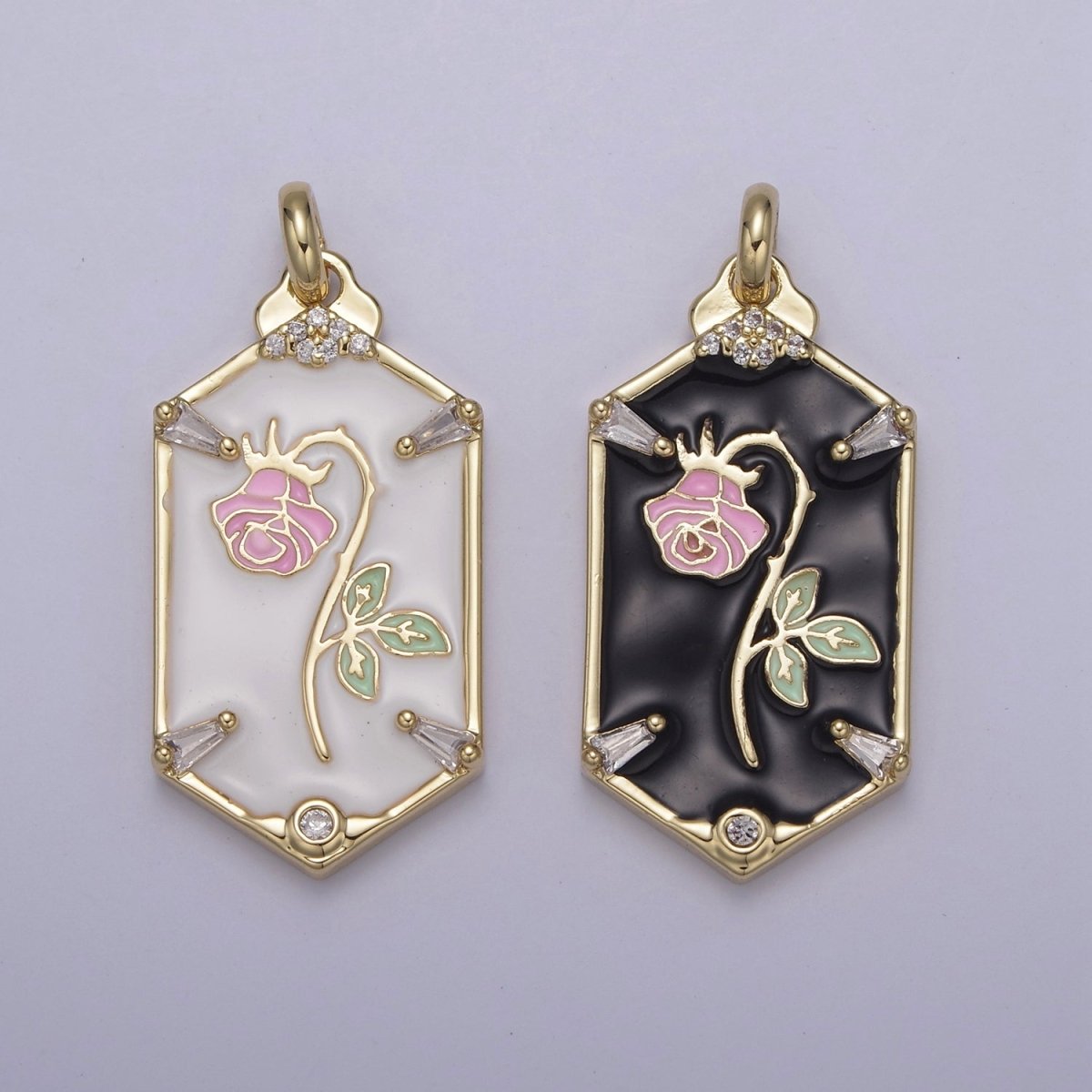 14k Gold Filled Wilted Pink Rose Charm White black Enamel Flower necklace Pendant Belle Beauty and the Beast Floral Bracelet Hexagon Tag Charm N-760 N-762 - DLUXCA