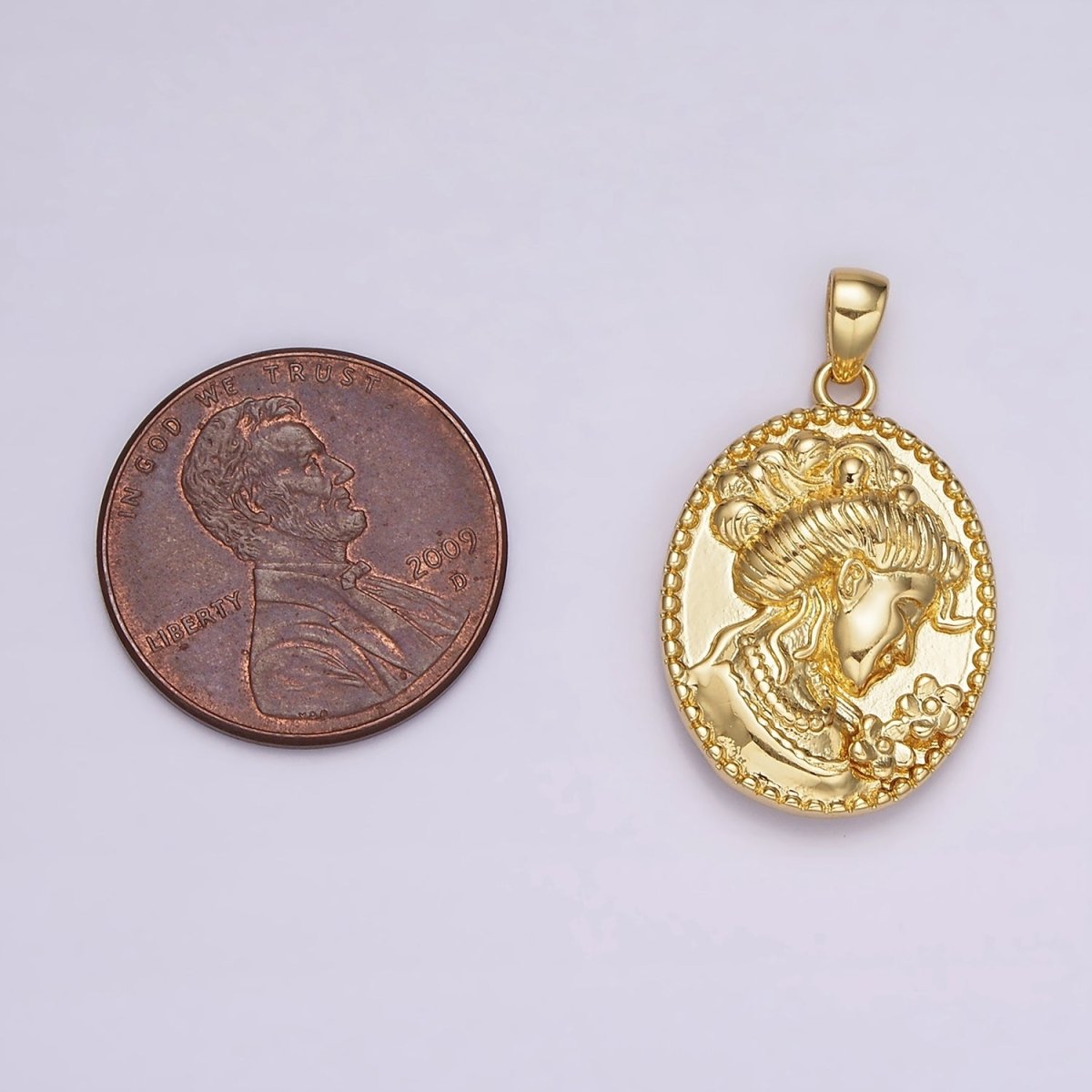 14K Gold Filled Women Flower Portrait Cameo Double Sided Dotted Oval Pendant in Gold & Silver | AH125 - DLUXCA