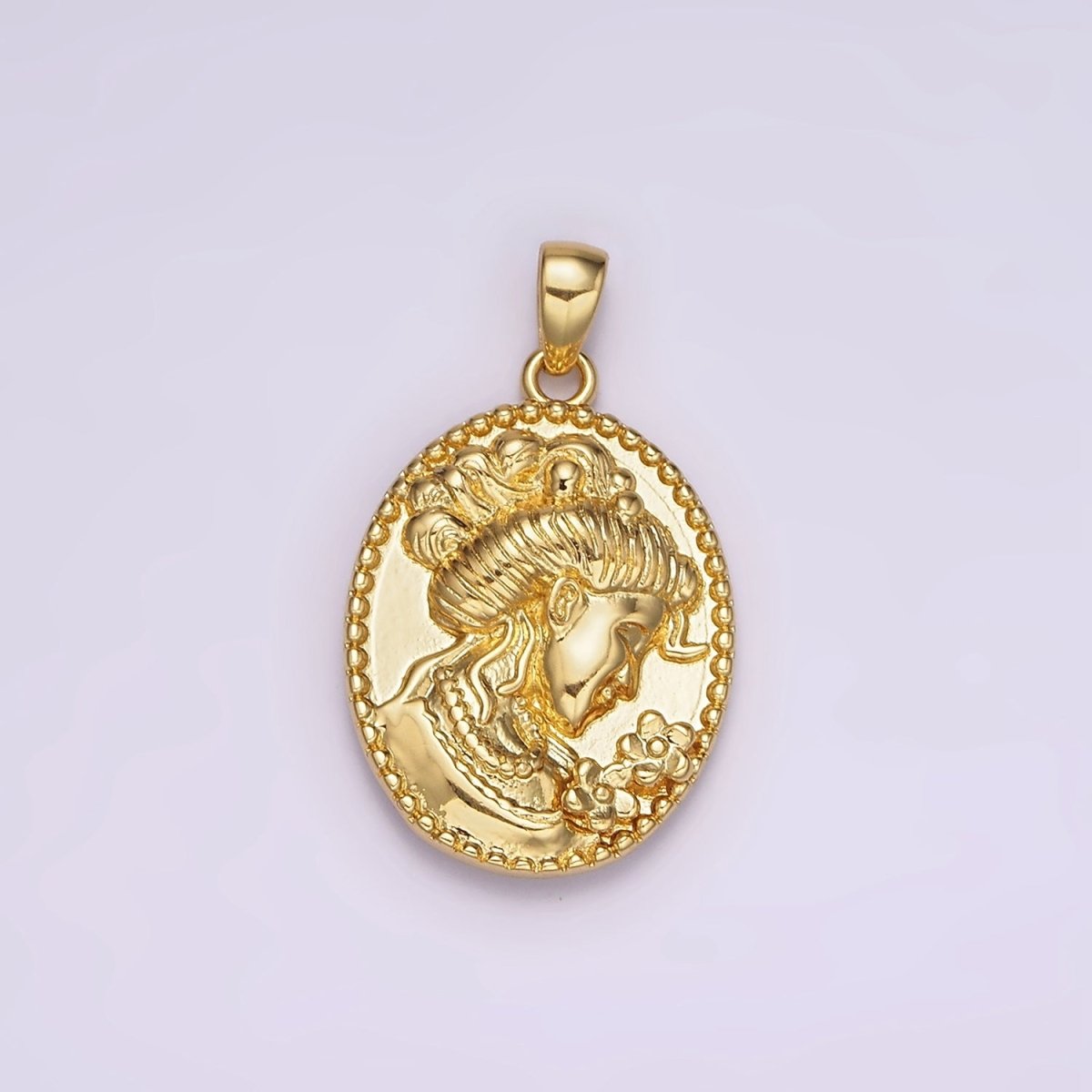 14K Gold Filled Women Flower Portrait Cameo Double Sided Dotted Oval Pendant in Gold & Silver | AH125 - DLUXCA