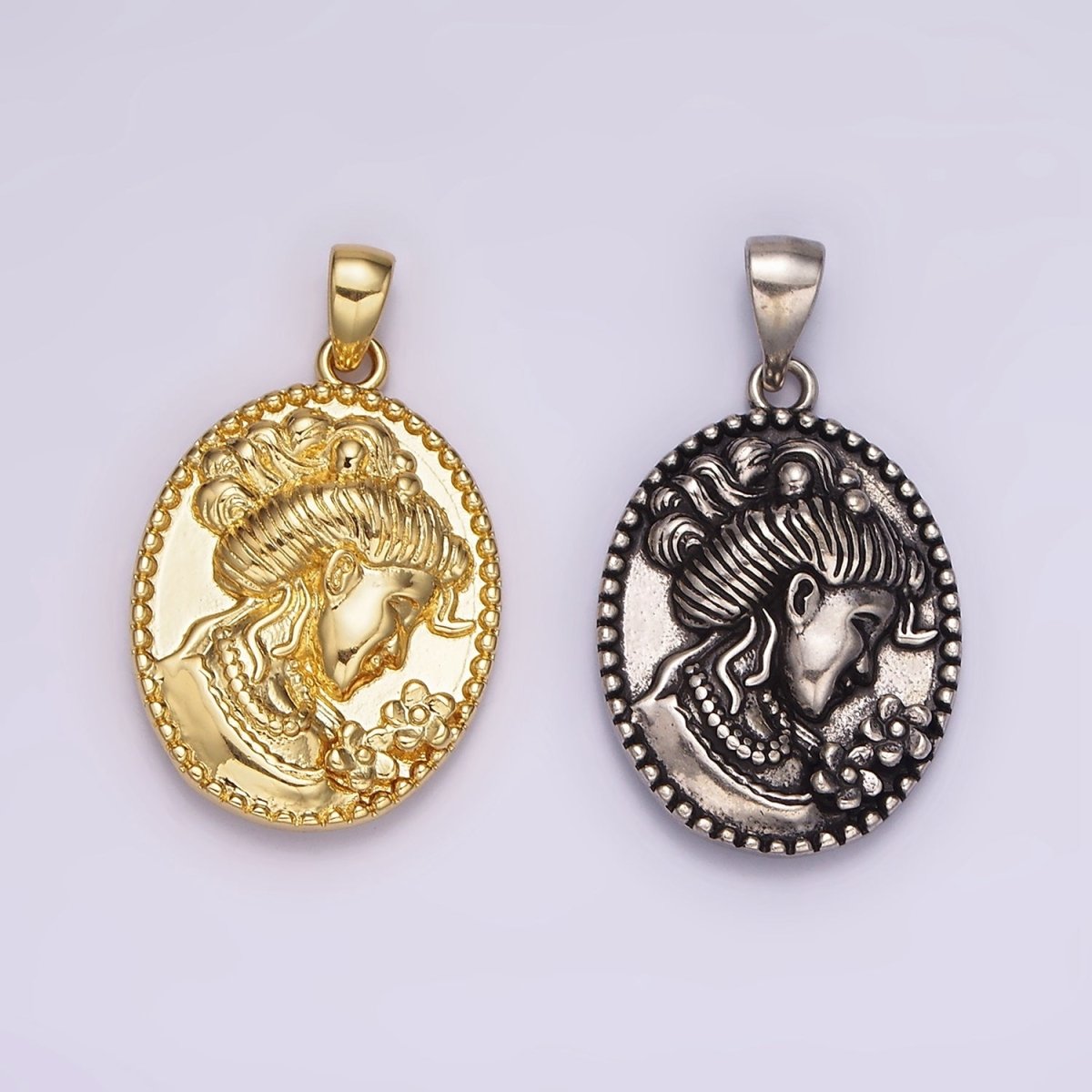 14K Gold Filled Women Flower Portrait Cameo Double Sided Dotted Oval Pendant in Gold & Silver | AH125 - DLUXCA