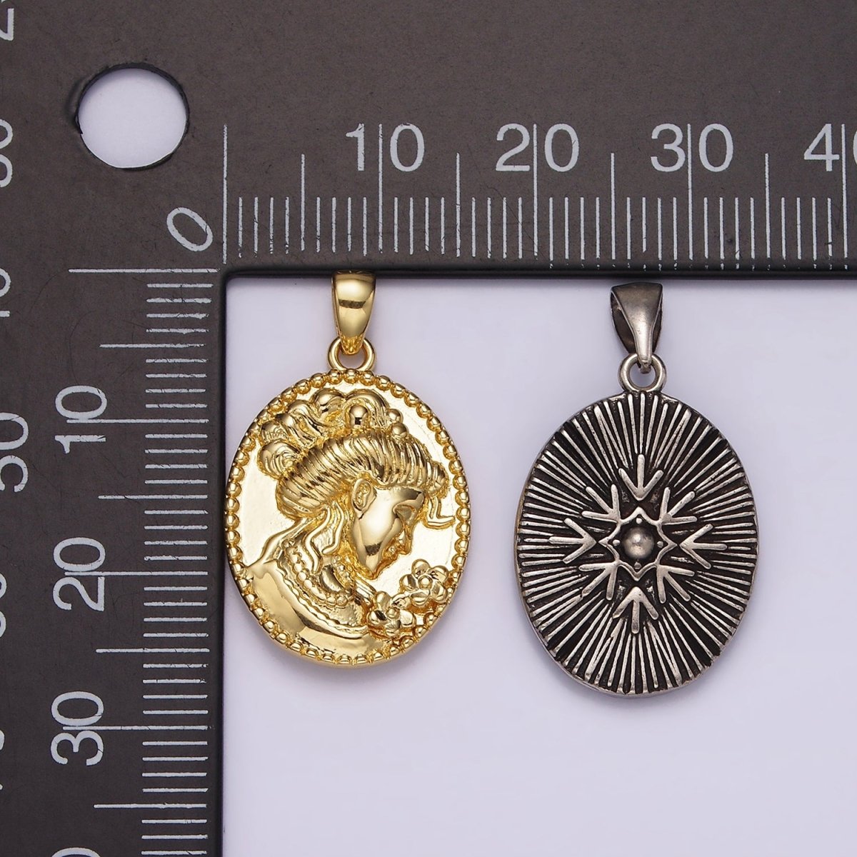 14K Gold Filled Women Flower Portrait Cameo Double Sided Dotted Oval Pendant in Gold & Silver | AH125 - DLUXCA