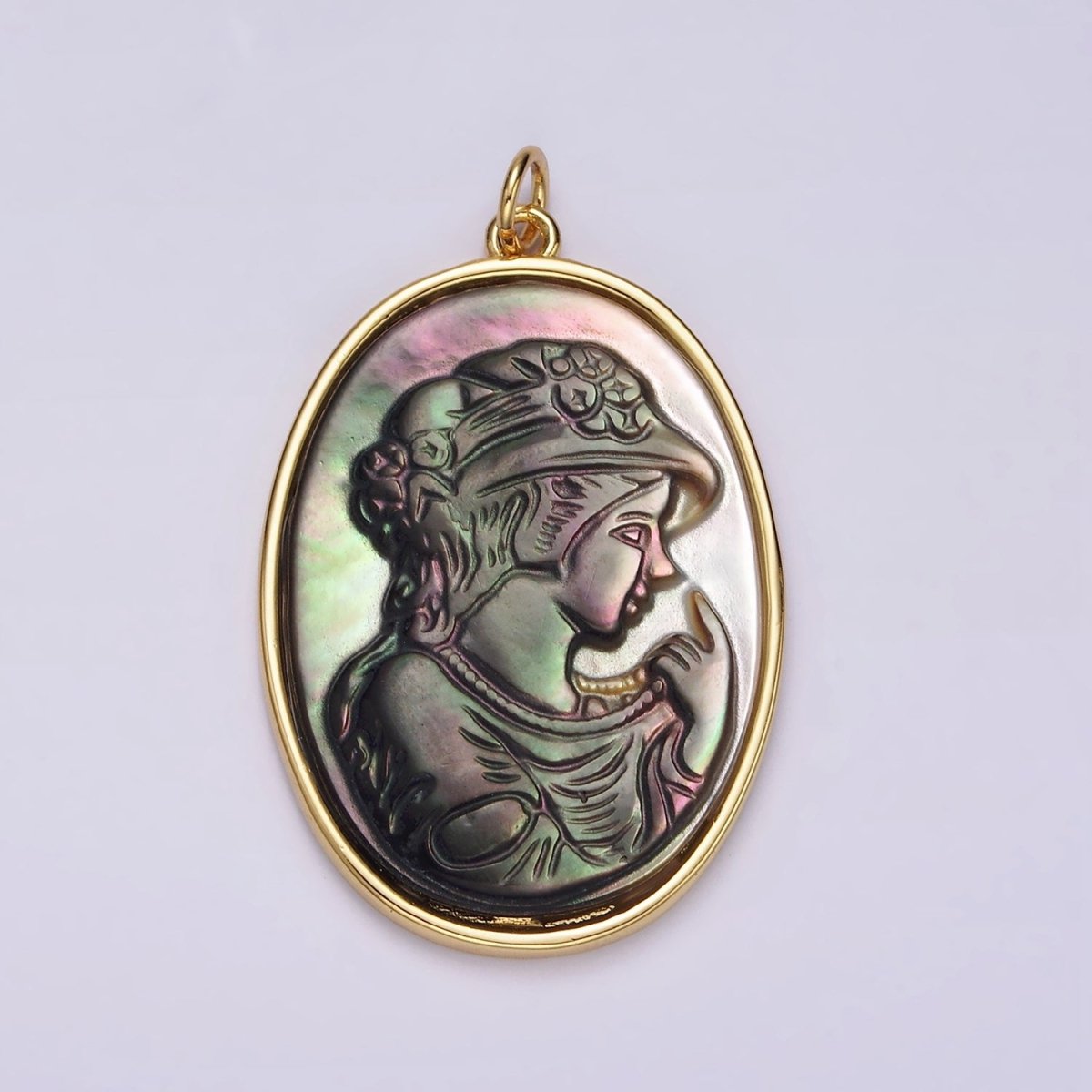 14K Gold Filled Women Lady Face Portrait Cameo Natural Abalone Pearl Bezel Oval Charm | AG517 - DLUXCA