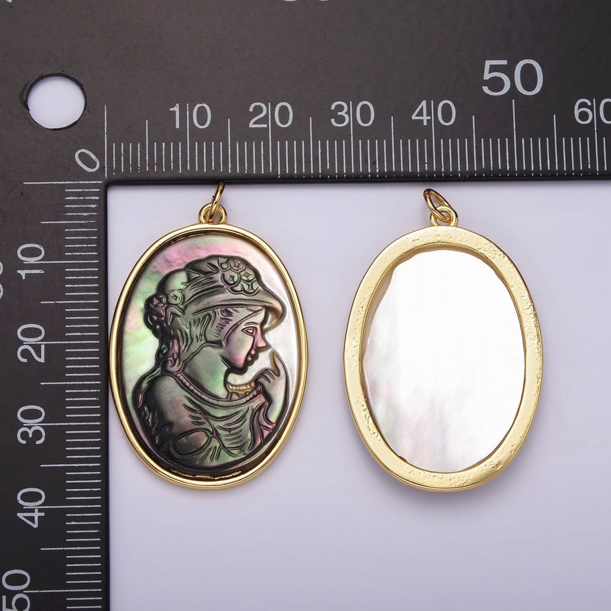 14K Gold Filled Women Lady Face Portrait Cameo Natural Abalone Pearl Bezel Oval Charm | AG517 - DLUXCA