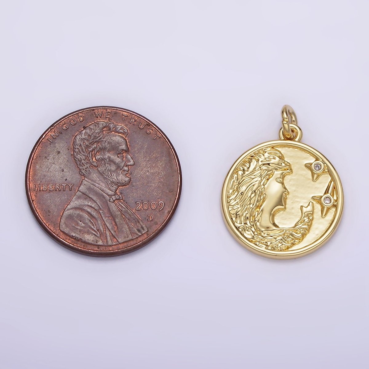 14K Gold Filled Women Portrait Cameo Double CZ Celestial Star Round Charm | AG315 - DLUXCA