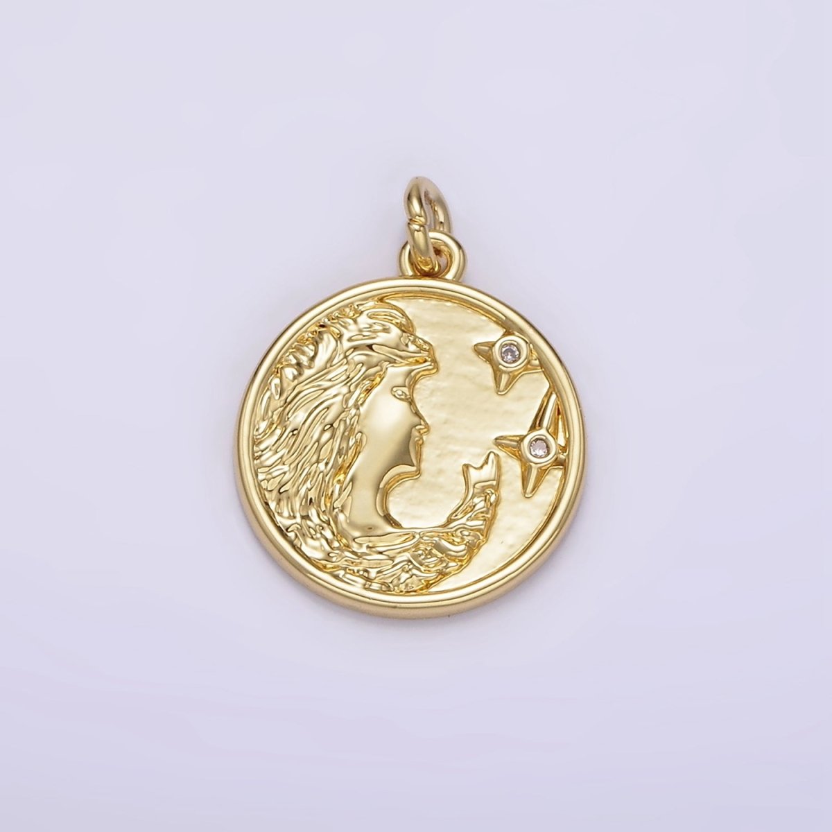 14K Gold Filled Women Portrait Cameo Double CZ Celestial Star Round Charm | AG315 - DLUXCA